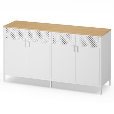Buffet de rangement en acier fermeture magn&eacute;tique m&eacute;tal blanc et ch&ecirc;ne