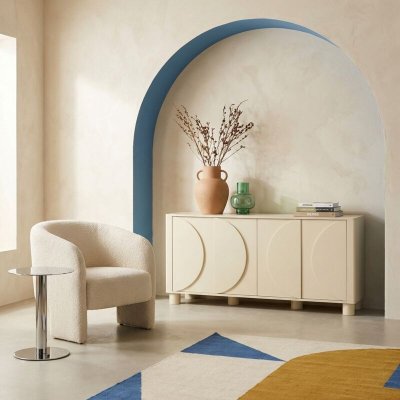 Buffet d&eacute;cor bois beige 4 portes 155cm Pondi