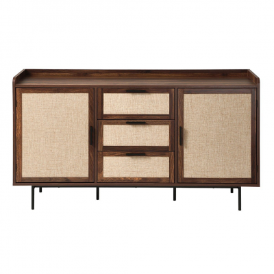 Buffet d&eacute;cor noyer 2 portes, 3 tiroirs fa&ccedil;ades en tissu l140 cm