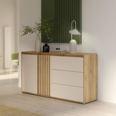 Buffet ELISTON 159,6 cm blanc mat ch&ecirc;ne 2 portes soft-close 3 tiroirs