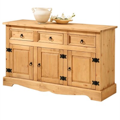 Buffet en pin TEQUILA, 3 tiroirs et 3 portes, finition teint&eacute;e/cir&eacute;e