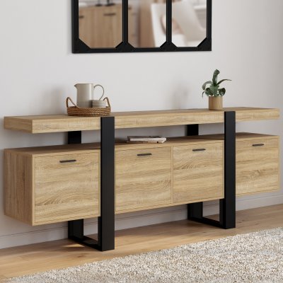 Buffet enfilade XXL 200&nbsp;cm 4&nbsp;portes avec niche bois et noir