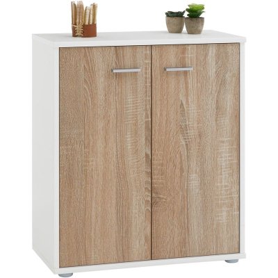 Buffet FIRMIN, en m&eacute;lamin&eacute; blanc mat et d&eacute;cor ch&ecirc;ne sonoma