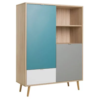 Buffet haut scandinave ARUBA Ch&ecirc;ne, bleu, gris et blanc