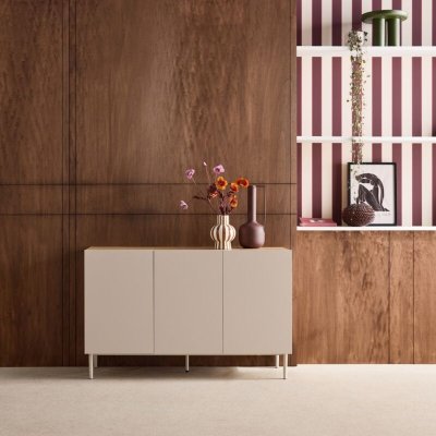 Buffet m&eacute;tal et d&eacute;cor bois 3 portes 120cm beige et naturel - Ashton