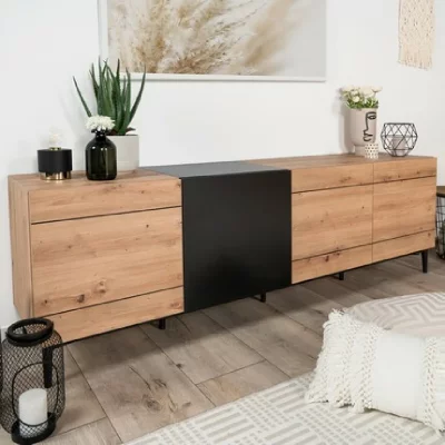 MES Buffet NOLA - D&eacute;cor chene et noir - 4 portes - L 200 x P 42 x H 65 cm