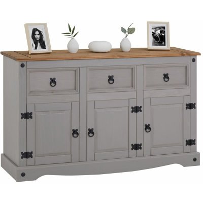 Buffet RAMON avec 3 tiroirs et 3 portes, style mexicain en pin massif gris et brun