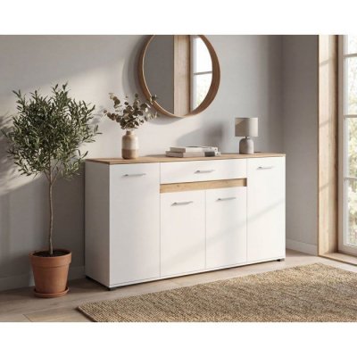 Buffet VOLOS Blanc & Ch&ecirc;ne Artisan 4 portes 1 tiroir 160x37.5x90 cm
