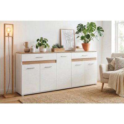 Buffet VOLOS Blanc & Ch&ecirc;ne Artisan 5 portes 2 tiroirs 200x38x90 cm