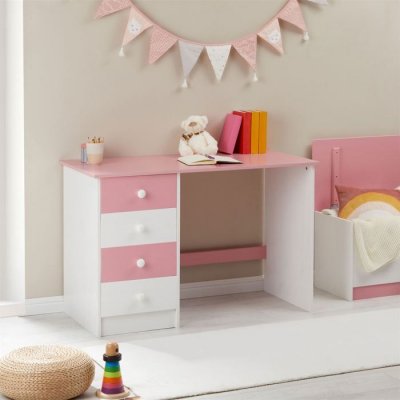 IDIMEX Bureau ARNE avec 4 tiroirs, en pin massif lasur&eacute; blanc et rose