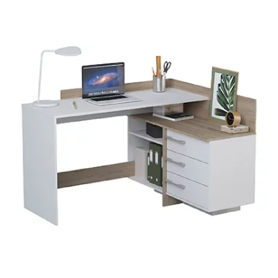 Bureau avec retour 3 tiroirs THALES 2 coloris ch&ecirc;ne bross&eacute;/ blanc