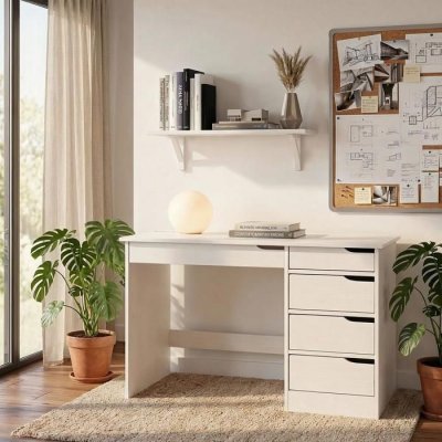 Bureau en pin massif HUGO, lasur&eacute; blanc