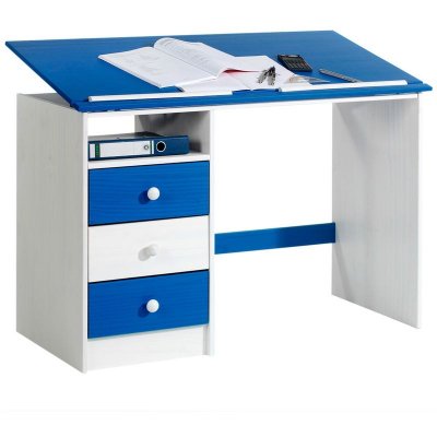 IDIMEX Bureau enfant 3 tiroirs lasur&eacute; blanc bleu