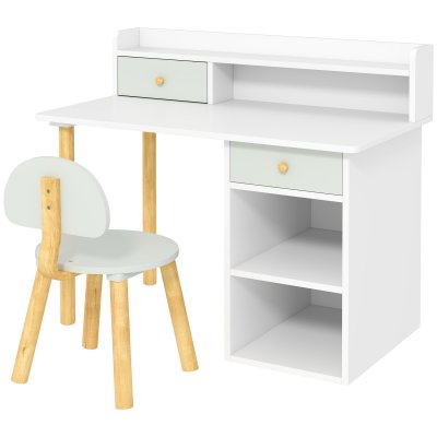 AIYAPLAY Bureau enfant avec chaise 2 tiroirs et &eacute;tag&egrave;res ouvertes bois vert