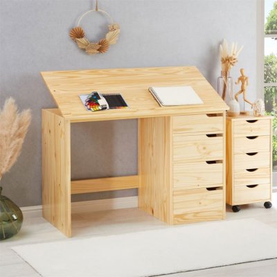 IDIMEX Bureau enfant EMMA, en pin massif, 4 tiroirs et plateau inclinable, naturel