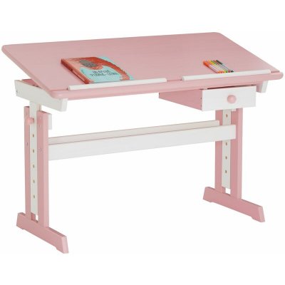 IDIMEX Bureau enfant FLEXI, en pin massif, r&eacute;glable en hauteur et plateau inclinable, lasur&eacute; blanc et rose