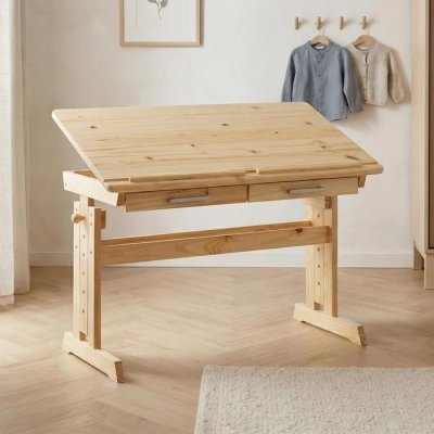 IDIMEX Bureau enfant OLIVIA, en pin massif, r&eacute;glable en hauteur et plateau inclinable, vernis naturel