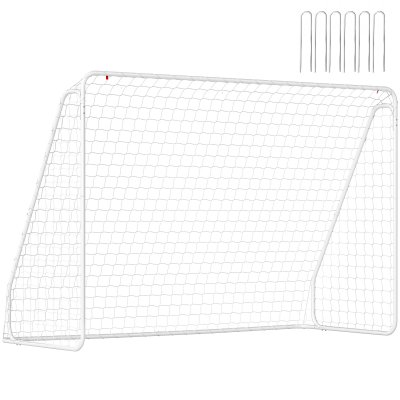 HOMCOM But de football ch&acirc;ssis m&eacute;tal &eacute;poxy filet PE - piquets inclus - blanc