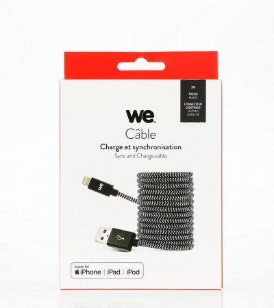 WE C ble USB/Lightning nylon tress&eacute; 2m - noir & blanc + de longueur + de confort