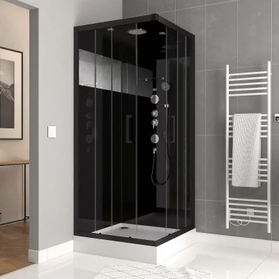 AURLANE Cabine de douche hydromassante carr&eacute;e noir Galedo Mirror 90 x 90 cm