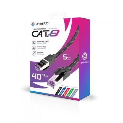 ONIVERSE C&acirc;ble Ethernet RJ45  Cat 8 5 m Noir connecteurs plaqu&eacute;s or pour jeux - Neuf