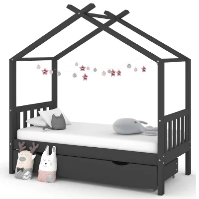 Cadre de lit enfant avec tiroir gris fonc&eacute; pin massif 80x160 cm
