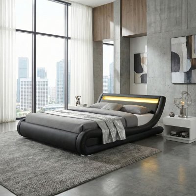 Cadre de lit PU noir avec LED int&eacute;gr&eacute;es 160x200 cm SEATTLE - Noir