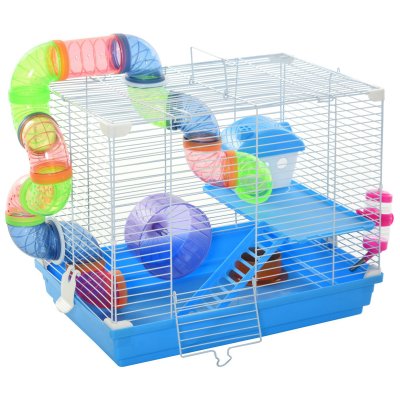 PAWHUT Cage &agrave; hamster rongeur 2 niveaux avec accessoires m&eacute;tal blanc PP bleu