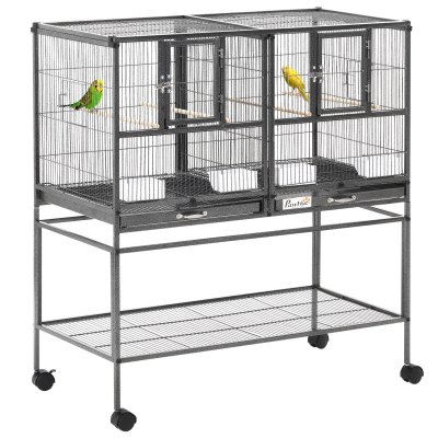 Cage &agrave; oiseaux avec s&eacute;paration mangeoire et perchoir 95L x 45l x 102H cm Noir et Gris