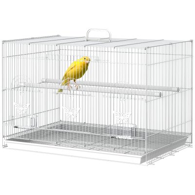 PAWHUT Cage &agrave; oiseaux motif papillons 3 portes accessoires blanc