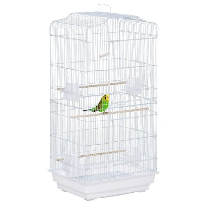 PAWHUT Cage &agrave; oiseaux voli&egrave;re avec mangeoires perchoirs plateau 2 portes blanc