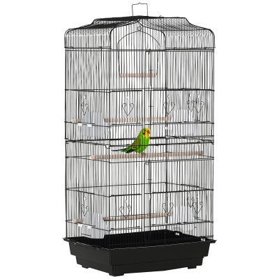 PAWHUT Cage &agrave; oiseaux voli&egrave;re avec perchoirs mangeoires noir