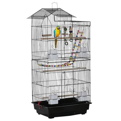 PAWHUT Cage &agrave; oiseaux voli&egrave;re multi-&eacute;quip&eacute;e PP acier noir