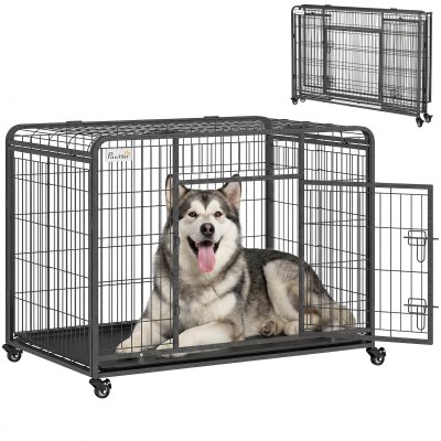 PAWHUT Cage chiens pliable sur roulettes 2 portes verrouillables m&eacute;tal gris noir
