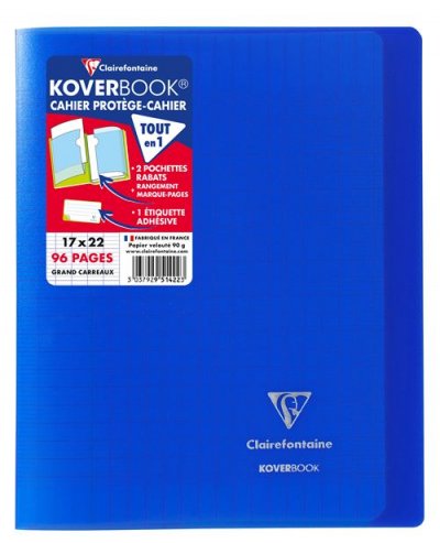 CLAIREFONTAINE Cahier piqu&eacute; Koverbook 17x22 cm 96 pages grands carreaux bleu fonc&eacute;