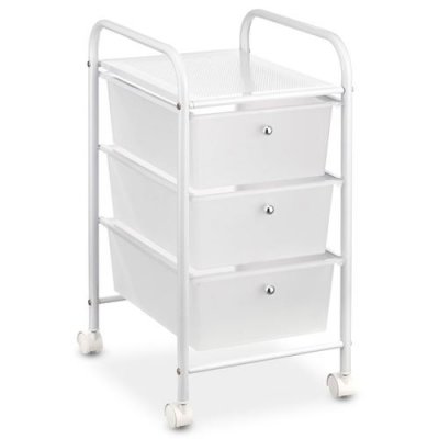 Caisson sur roulettes GINA, en m&eacute;tal laqu&eacute; blanc avec 3 tiroirs en plastique blanc