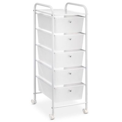 Caisson sur roulettes GINA, en m&eacute;tal laqu&eacute; blanc avec 5 tiroirs en plastique blanc