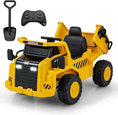 COSTWAY Camion &eacute;lectrique Caterpillar 12V Pelle Benne Basculante Jaune 3-6 ans