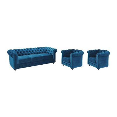 VENTE UNIQUE Canap&eacute; 3 places et 2 fauteuils CHESTERFIELD - Velours bleu canard
