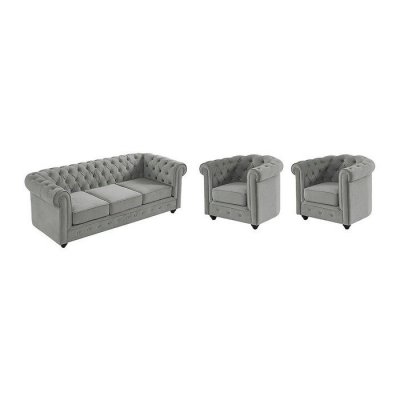 VENTE UNIQUE Canap&eacute; 3 places et 2 fauteuils CHESTERFIELD - Velours gris clair