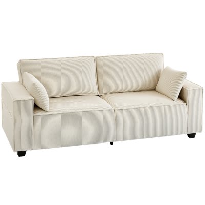 HOMCOM Canap&eacute; 3 places larges accoudoirs 2 coussins velours c&ocirc;tel&eacute; beige