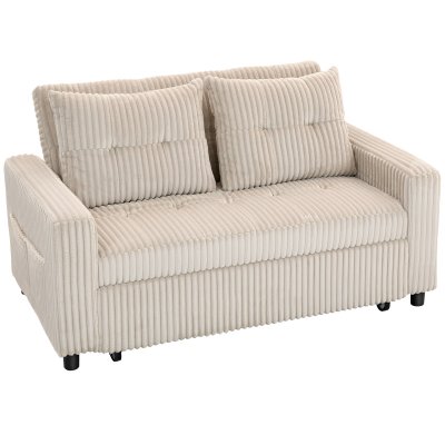 HOMCOM Canap&eacute; Convertible 2 Places Velours C&ocirc;tel&eacute; Grosses C&ocirc;tes Beige Clair