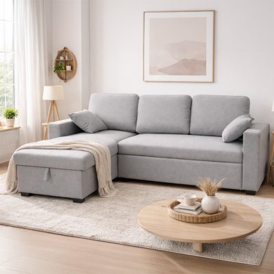 CONCEPT USINE Canap&eacute; d'angle convertible 3 places avec coffre en tissu gris
