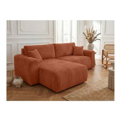 LOUNGITUDE Canap&eacute; d'angle convertible 4 places en velours c&ocirc;tel&eacute; &eacute;pais terracotta
