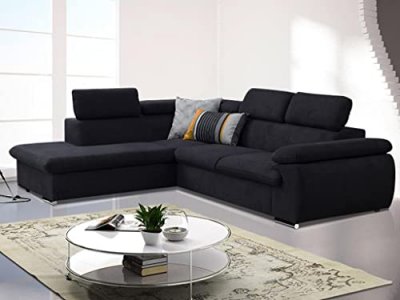 VENTE UNIQUE Canap&eacute; d'angle convertible en tissu avec coffre de rangement FABIEN - Noir - Angle gauche