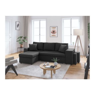 LOUNGITUDE Canap&eacute; d'angle convertible gris fonc&eacute; avec rangement poufs &agrave; droite
