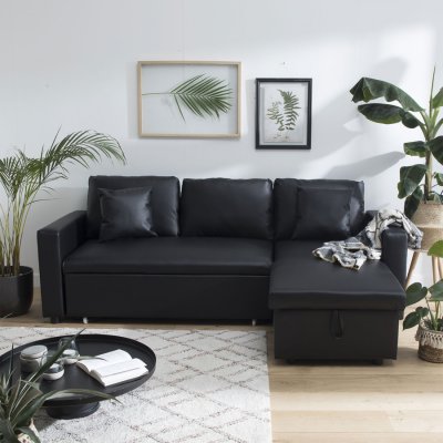 HAPPY GARDEN Canap&eacute; d'angle convertible simili cuir CLARK 3 places noir