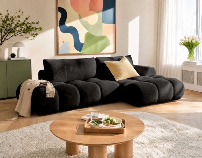 BEST MOBILIER Canap&eacute; d'angle droit 4 places convertible coffre tissu bouclette noir