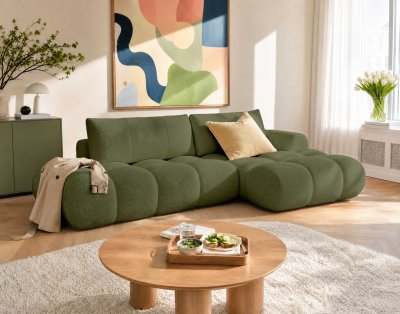 Canap&eacute; d'angle droit 4 places convertible coffre tissu bouclette vert