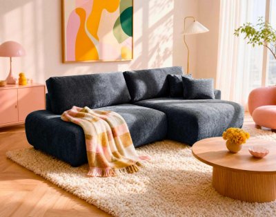 BEST MOBILIER Canap&eacute; d'angle droit 4 places convertible en tissu textur&eacute; bleu marine